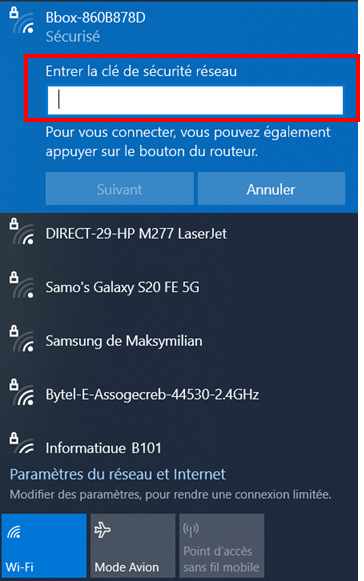 Valider le mot de passe du réseau wifi